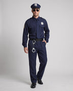 Men's navy police Halloween costume with cap, tie, badge and black belt