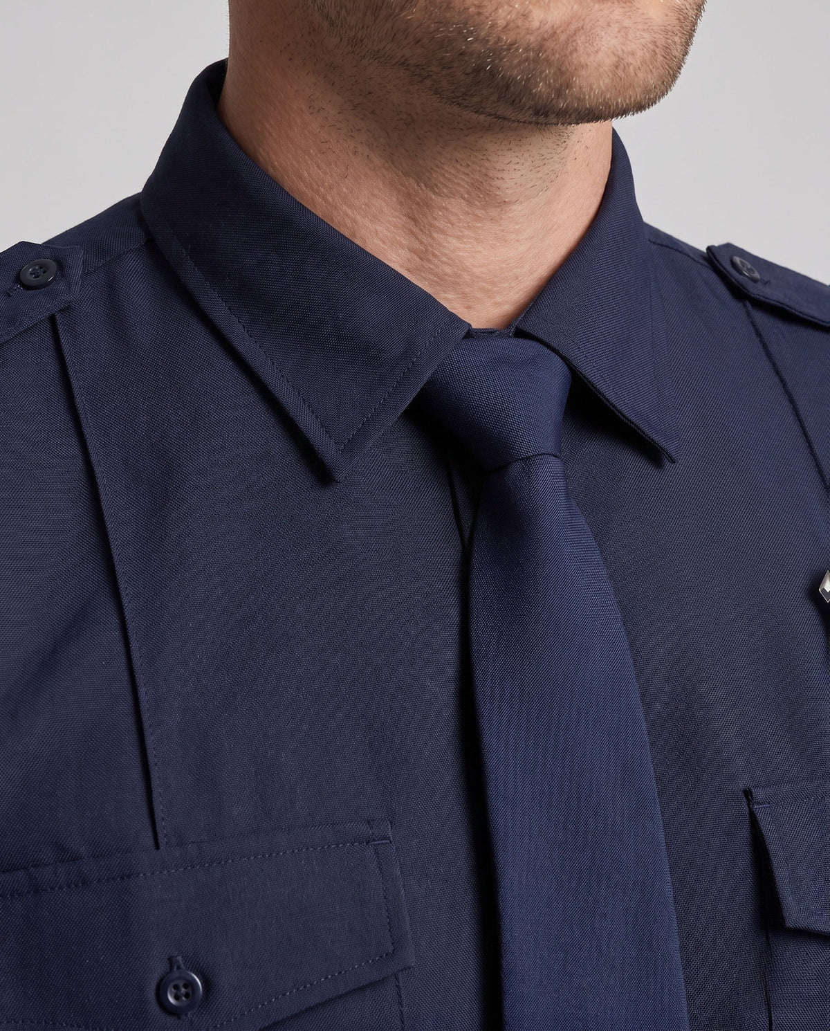 Men's navy police Halloween costume with cap, tie, badge and black belt - view 2