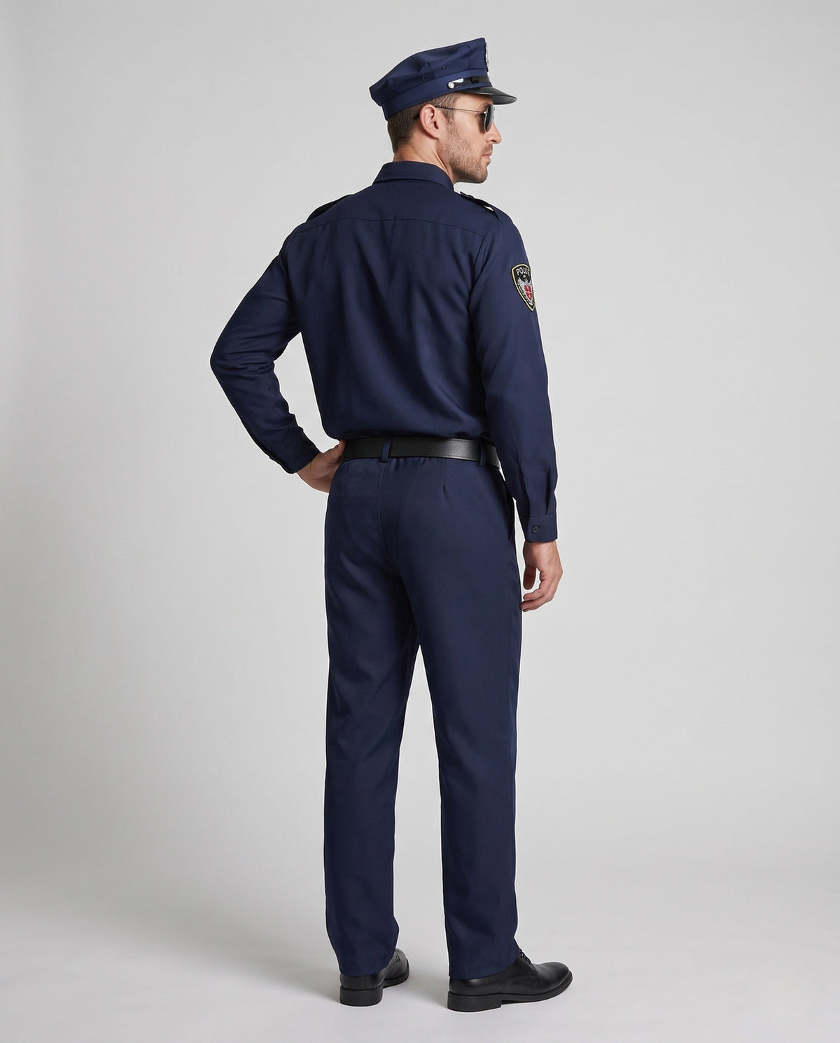 Men's navy police Halloween costume with cap, tie, badge and black belt - view 3