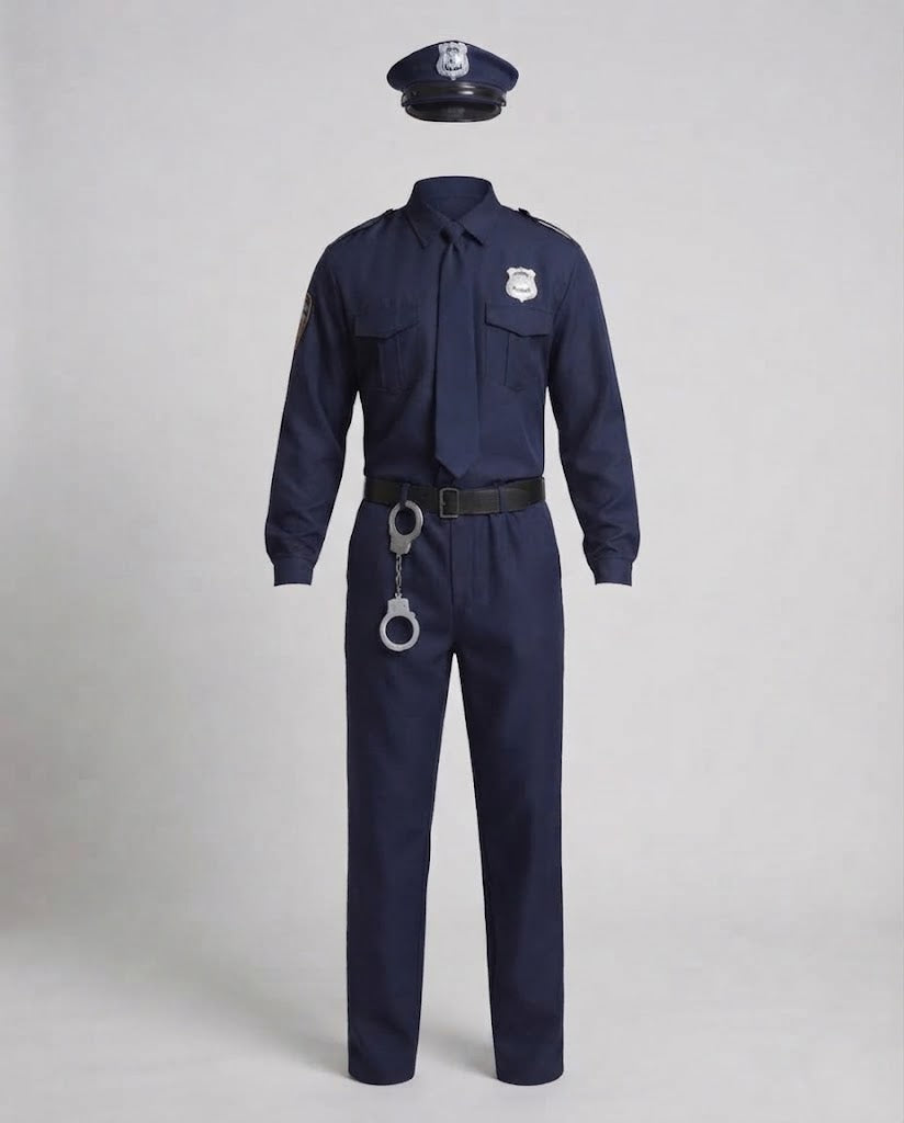 Men's navy police Halloween costume with cap, tie, badge and black belt - view 4