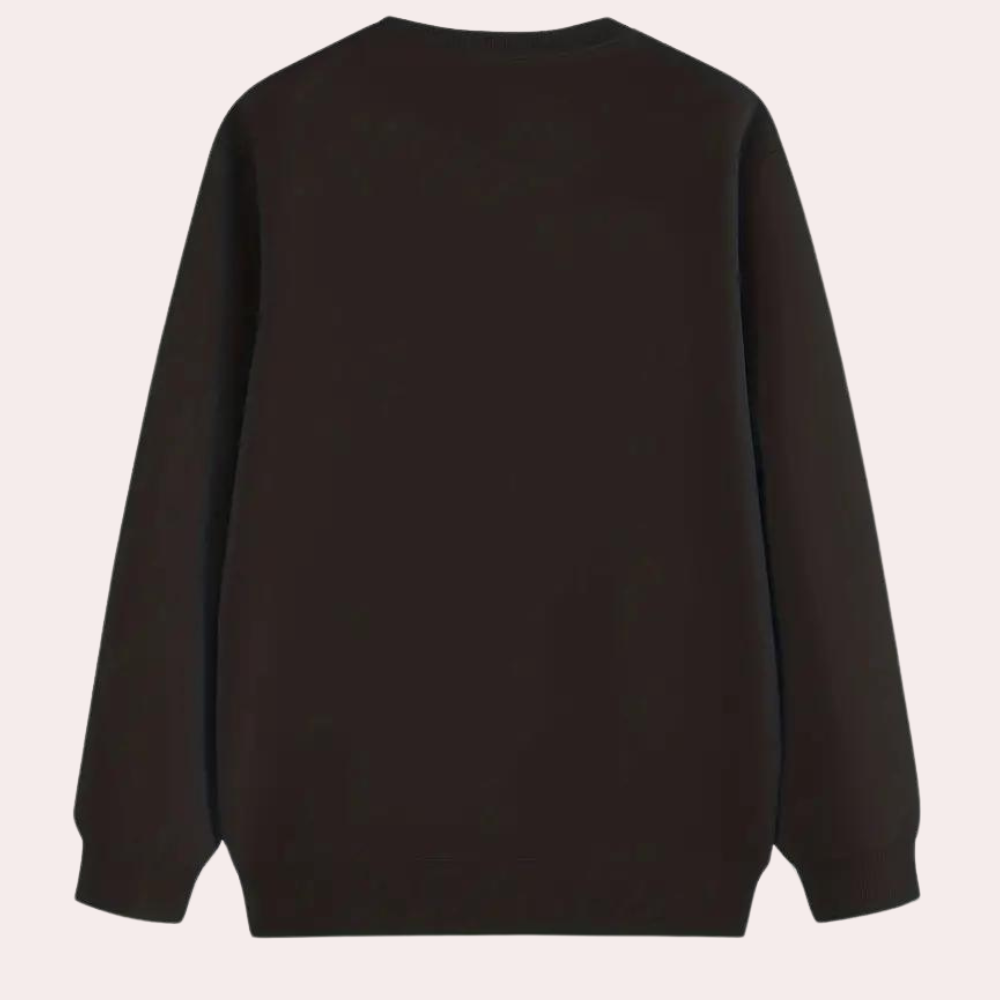 Black crewneck pullover sweatshirt with ghost holding a jack-o'-lantern balloon and pumpkin pail