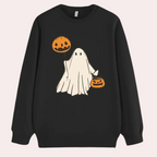 Black crewneck pullover sweatshirt with ghost holding a jack-o'-lantern balloon and pumpkin pail - view 4