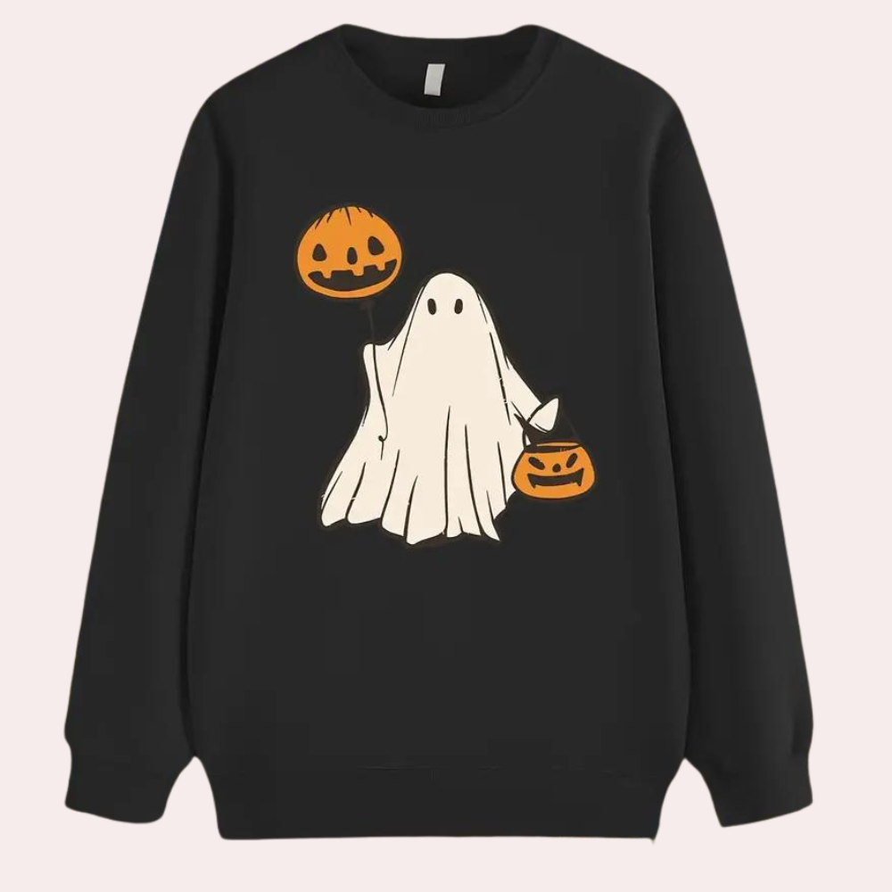 Black crewneck pullover sweatshirt with ghost holding a jack-o'-lantern balloon and pumpkin pail - view 4