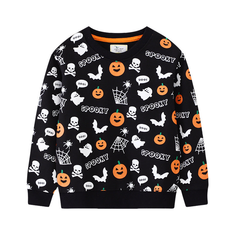 Kids black Halloween crewneck sweatshirt with pumpkin, ghost and bat print