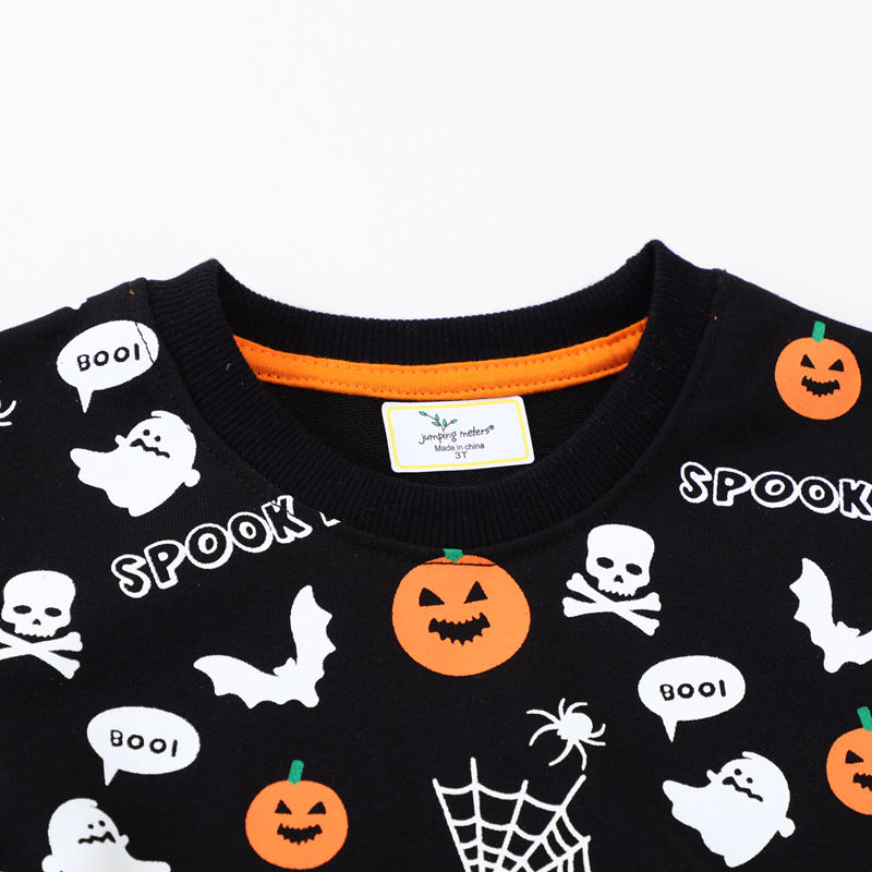 Kids black Halloween crewneck sweatshirt with pumpkin, ghost and bat print - view 2