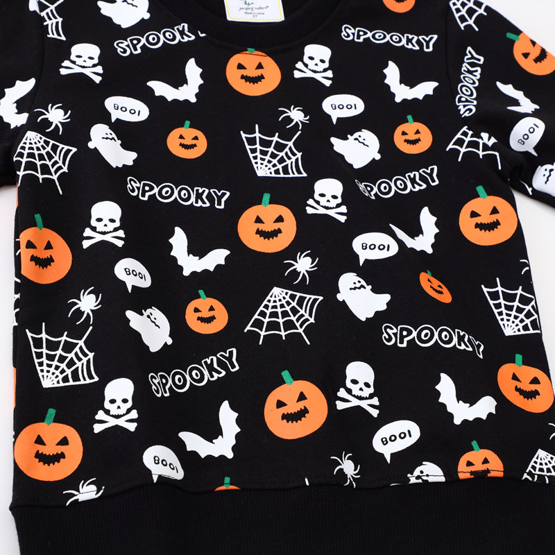 Kids black Halloween crewneck sweatshirt with pumpkin, ghost and bat print - view 3