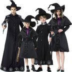 Men's black floor-length wizard Halloween costume robe with gray cuffs and white sigil print
