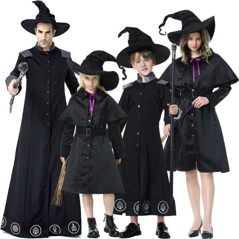 Men's black floor-length wizard Halloween costume robe with gray cuffs and white sigil print
