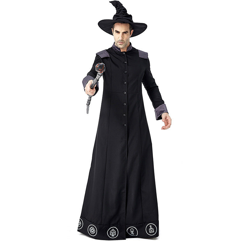 Men's black floor-length wizard Halloween costume robe with gray cuffs and white sigil print - view 2