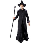 Men's black floor-length wizard Halloween costume robe with gray cuffs and white sigil print - view 3