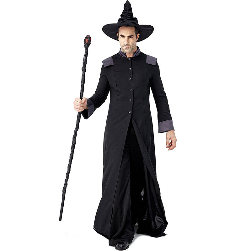 Men's black floor-length wizard Halloween costume robe with gray cuffs and white sigil print - view 3
