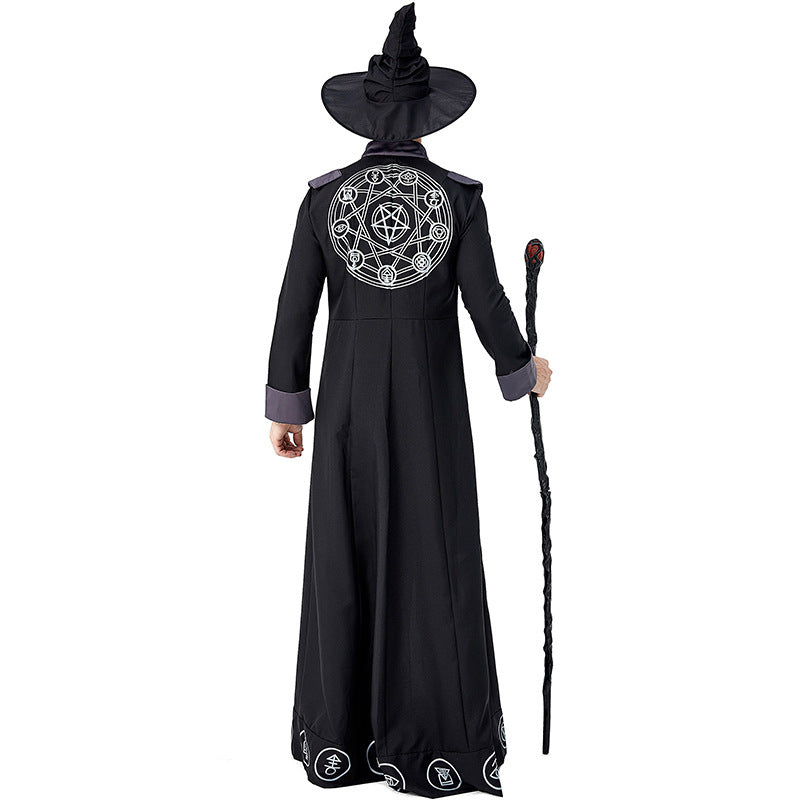 Men's black floor-length wizard Halloween costume robe with gray cuffs and white sigil print - view 4