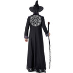 Men's black floor-length wizard Halloween costume robe with gray cuffs and white sigil print - view 4