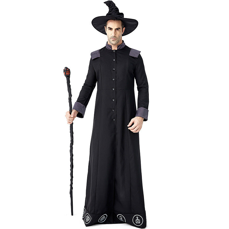 Men's black floor-length wizard Halloween costume robe with gray cuffs and white sigil print - view 5