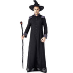 Men's black floor-length wizard Halloween costume robe with gray cuffs and white sigil print - view 5