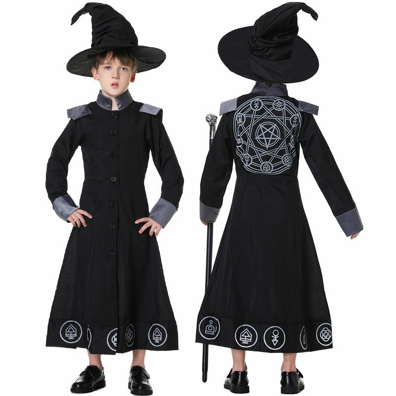 Men's black floor-length wizard Halloween costume robe with gray cuffs and white sigil print - view 8