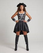 Women's pirate costume dress with lace-up gray bodice, ruffled square neck and black high-low skirt
