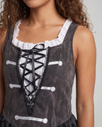 Women's pirate costume dress with lace-up gray bodice, ruffled square neck and black high-low skirt - view 2