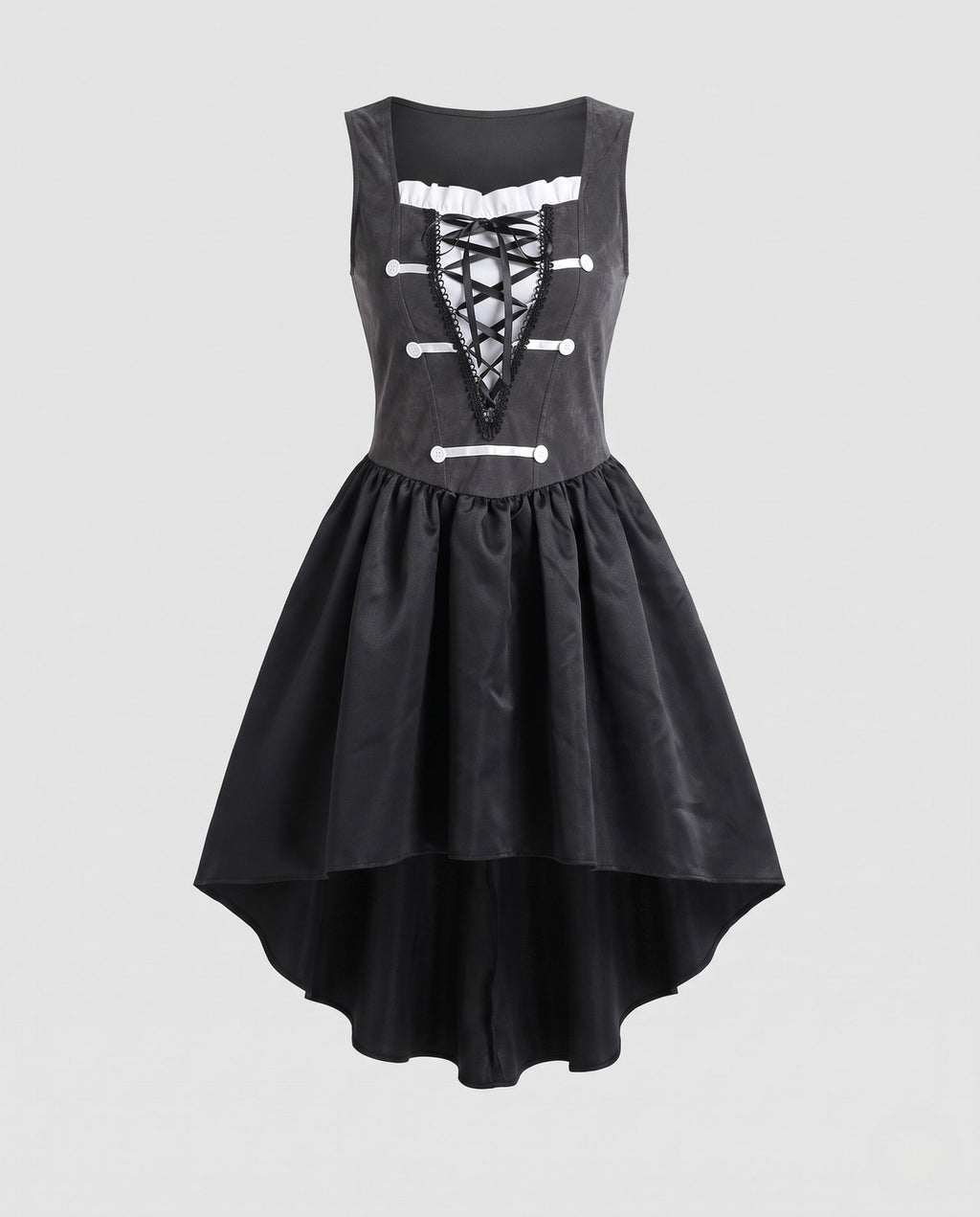 Women's pirate costume dress with lace-up gray bodice, ruffled square neck and black high-low skirt - view 4