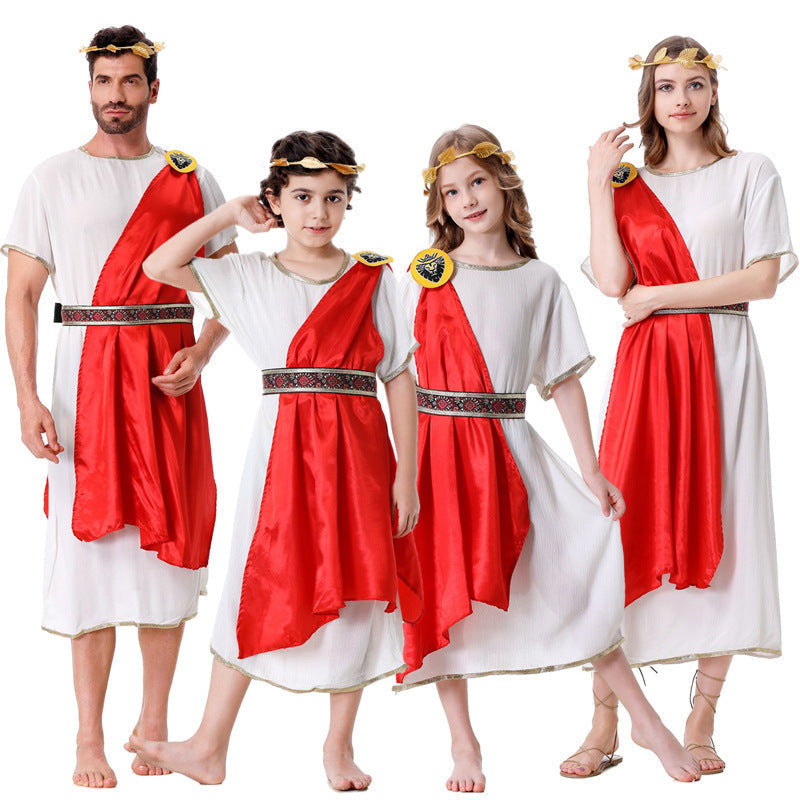 White Roman tunic costume with red satin drape, gold shoulder medallion and patterned belt