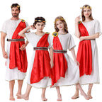 White Roman tunic costume with red satin drape, gold shoulder medallion and patterned belt
