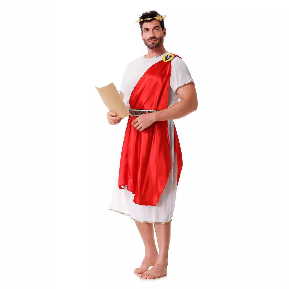 White Roman tunic costume with red satin drape, gold shoulder medallion and patterned belt - view 2