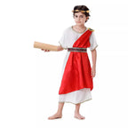 White Roman tunic costume with red satin drape, gold shoulder medallion and patterned belt - view 3