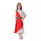 White Roman tunic costume with red satin drape, gold shoulder medallion and patterned belt - view 4