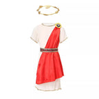 White Roman tunic costume with red satin drape, gold shoulder medallion and patterned belt - view 5