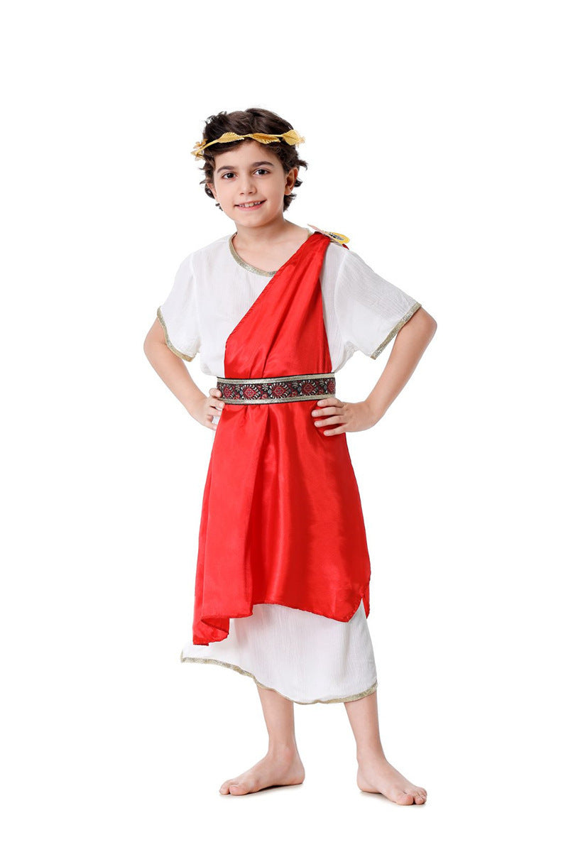 White Roman tunic costume with red satin drape, gold shoulder medallion and patterned belt - view 6