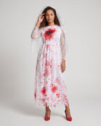 Woman wearing a bloody bride Halloween costume dress with lace sleeves, jagged hem and sheer lace veil