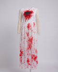 Woman wearing a bloody bride Halloween costume dress with lace sleeves, jagged hem and sheer lace veil - view 4