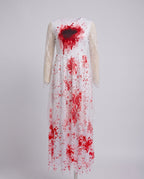 Woman wearing a bloody bride Halloween costume dress with lace sleeves, jagged hem and sheer lace veil - view 4