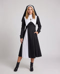Women's nun Halloween costume, black long-sleeve midi dress with white pleated panels, bib collar, hood and cross necklace