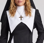 Women's nun Halloween costume, black long-sleeve midi dress with white pleated panels, bib collar, hood and cross necklace - view 2