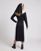 Women's nun Halloween costume, black long-sleeve midi dress with white pleated panels, bib collar, hood and cross necklace - view 3