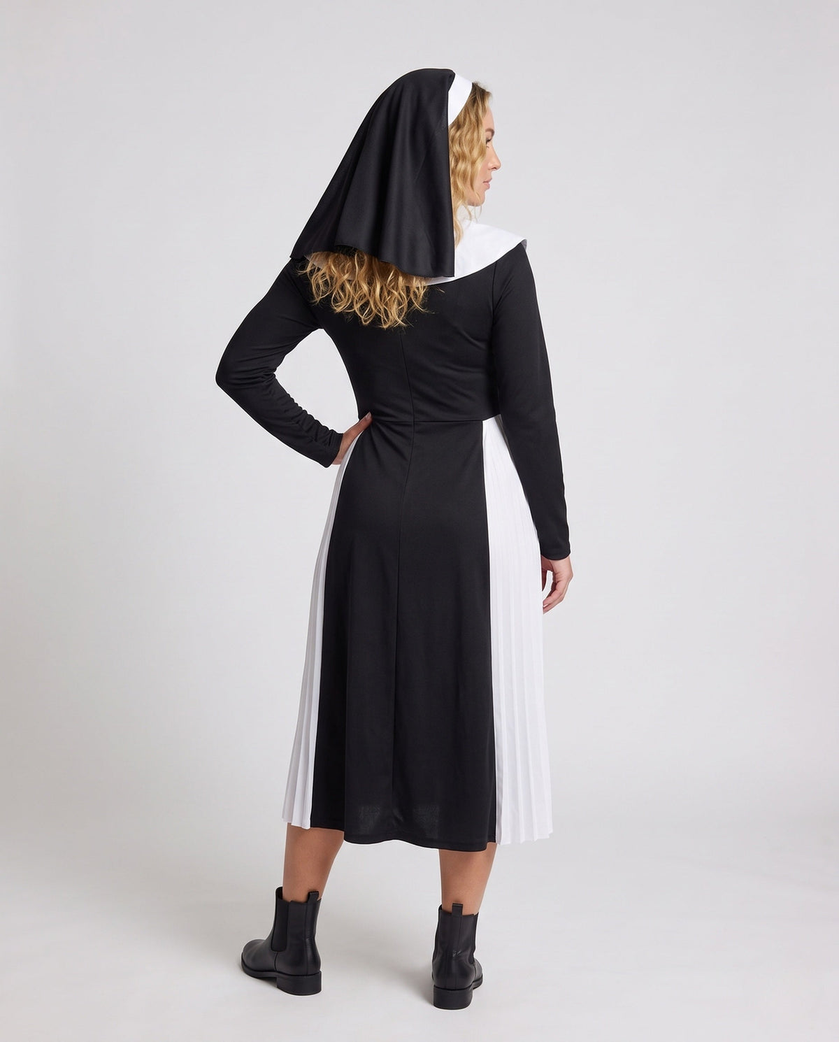 Women's nun Halloween costume, black long-sleeve midi dress with white pleated panels, bib collar, hood and cross necklace - view 3