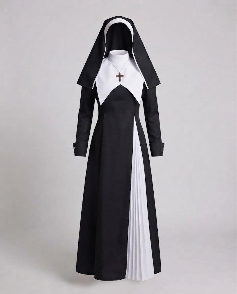 Women's nun Halloween costume, black long-sleeve midi dress with white pleated panels, bib collar, hood and cross necklace - view 4
