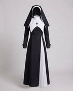 Women's nun Halloween costume, black long-sleeve midi dress with white pleated panels, bib collar, hood and cross necklace - view 4