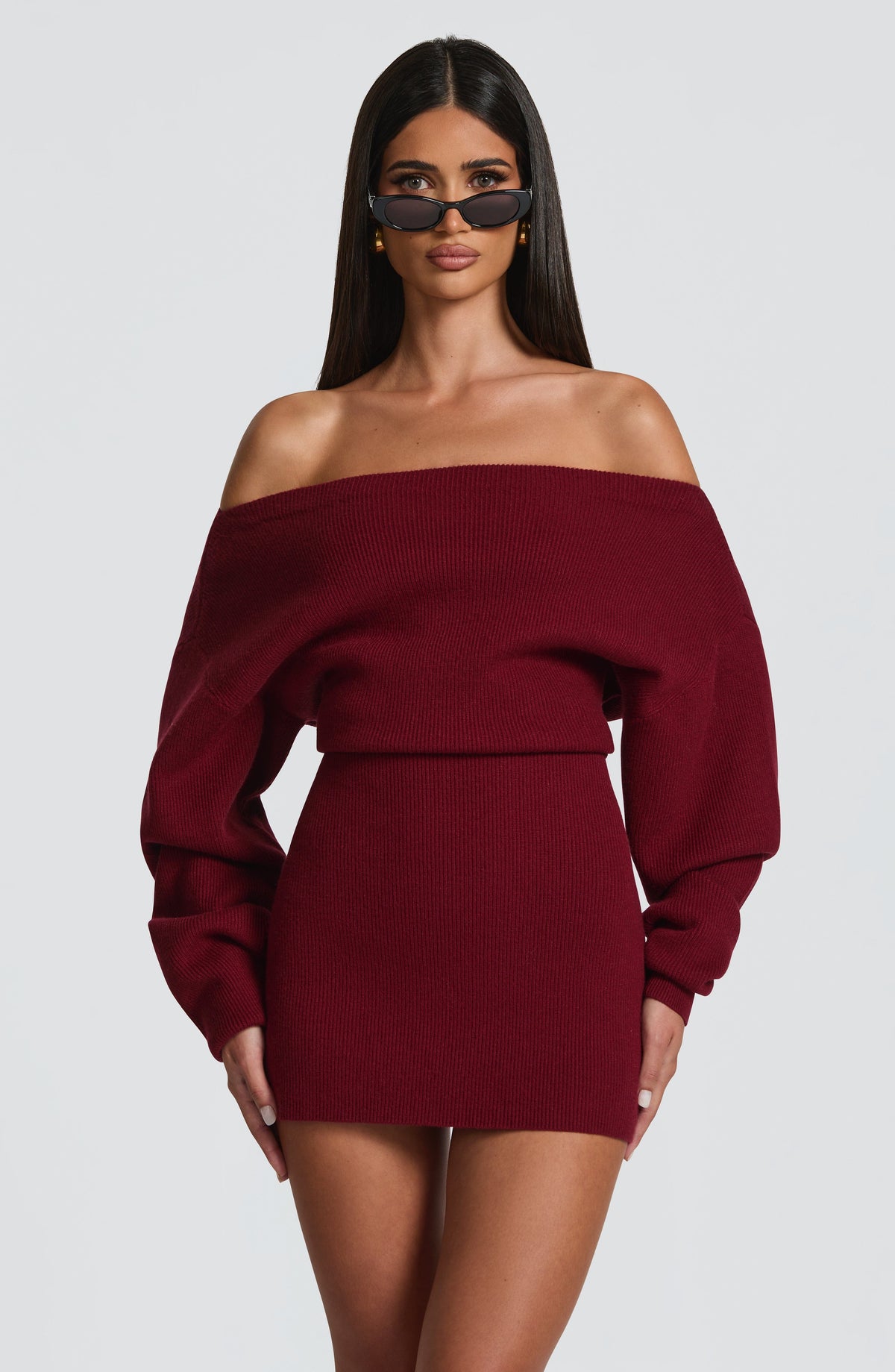 Burgundy ribbed knit off shoulder sweater mini dress with long dolman sleeves