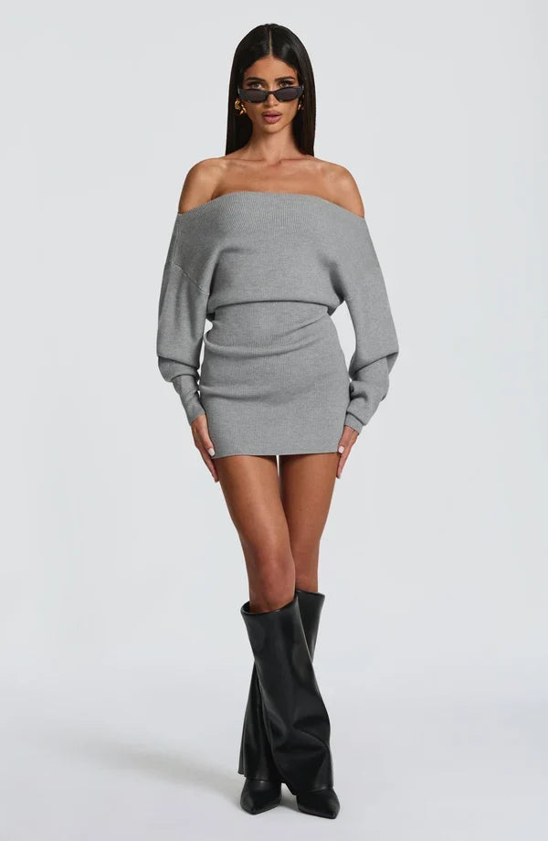 Burgundy ribbed knit off shoulder sweater mini dress with long dolman sleeves - view 10