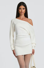 Burgundy ribbed knit off shoulder sweater mini dress with long dolman sleeves - view 11