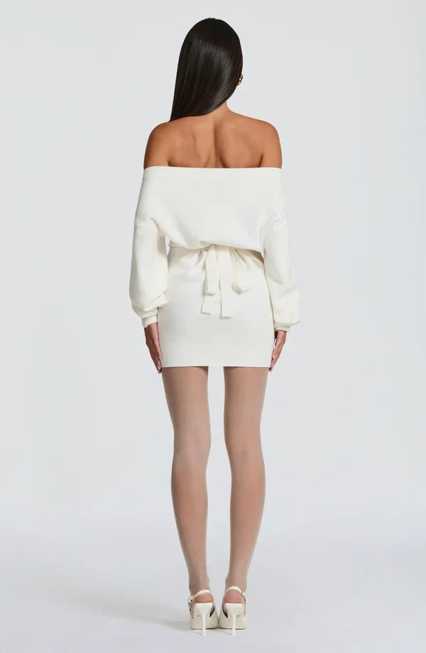 Burgundy ribbed knit off shoulder sweater mini dress with long dolman sleeves - view 14