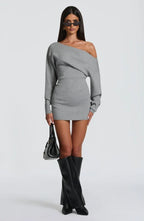 Burgundy ribbed knit off shoulder sweater mini dress with long dolman sleeves - view 16