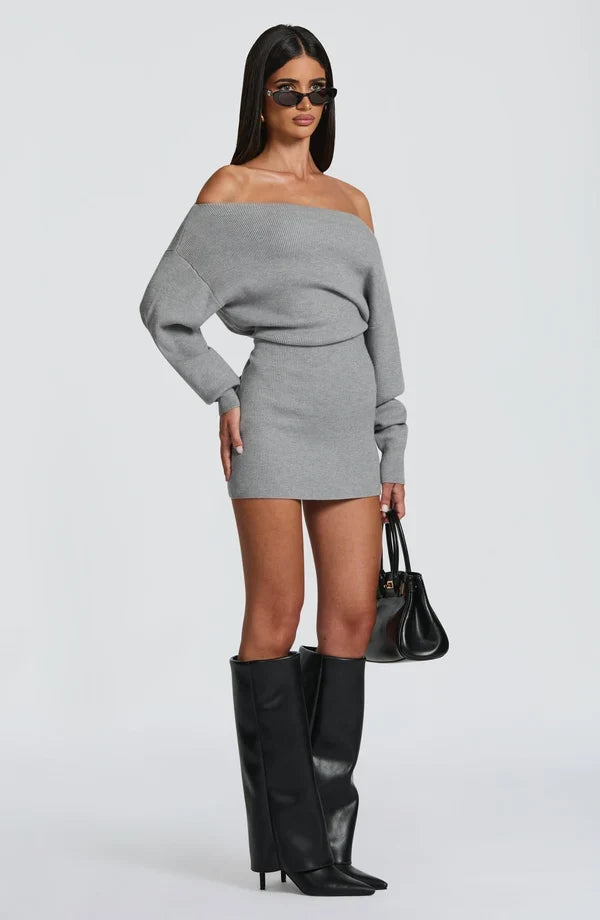 Burgundy ribbed knit off shoulder sweater mini dress with long dolman sleeves - view 17