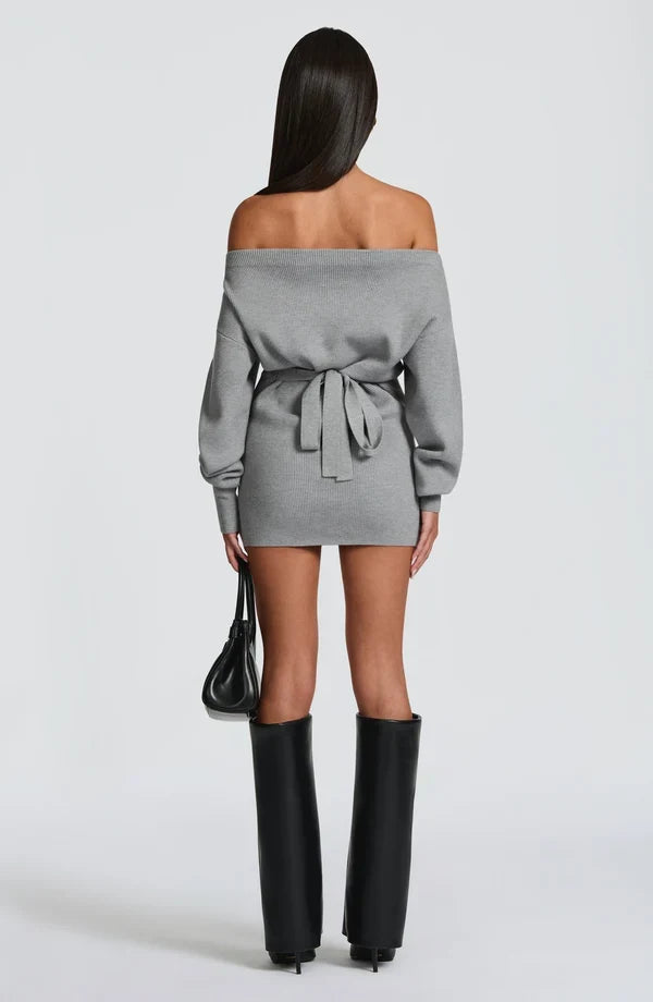Burgundy ribbed knit off shoulder sweater mini dress with long dolman sleeves - view 18