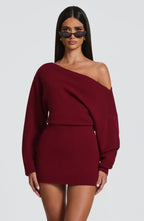 Burgundy ribbed knit off shoulder sweater mini dress with long dolman sleeves - view 2