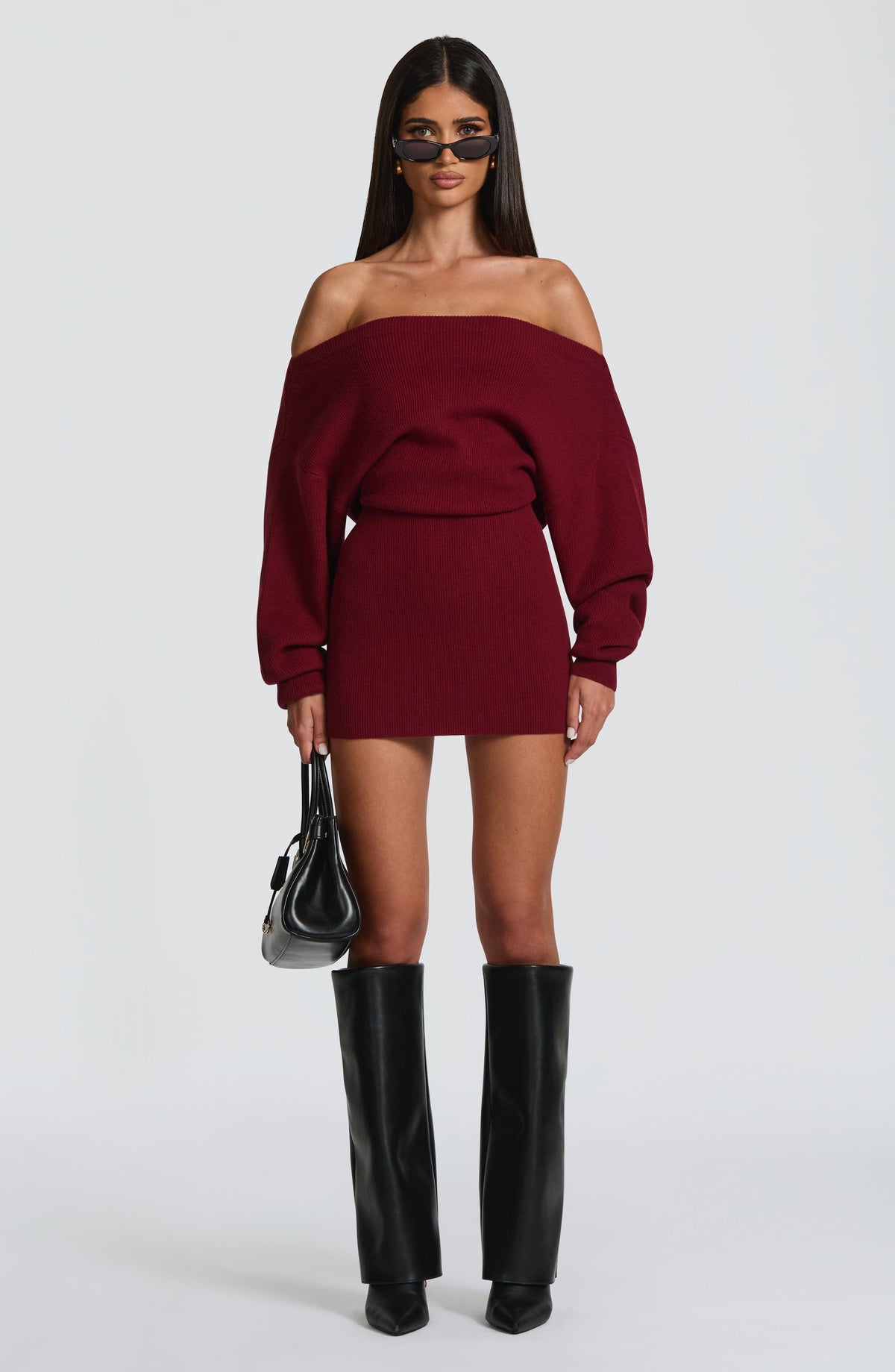 Burgundy ribbed knit off shoulder sweater mini dress with long dolman sleeves - view 3