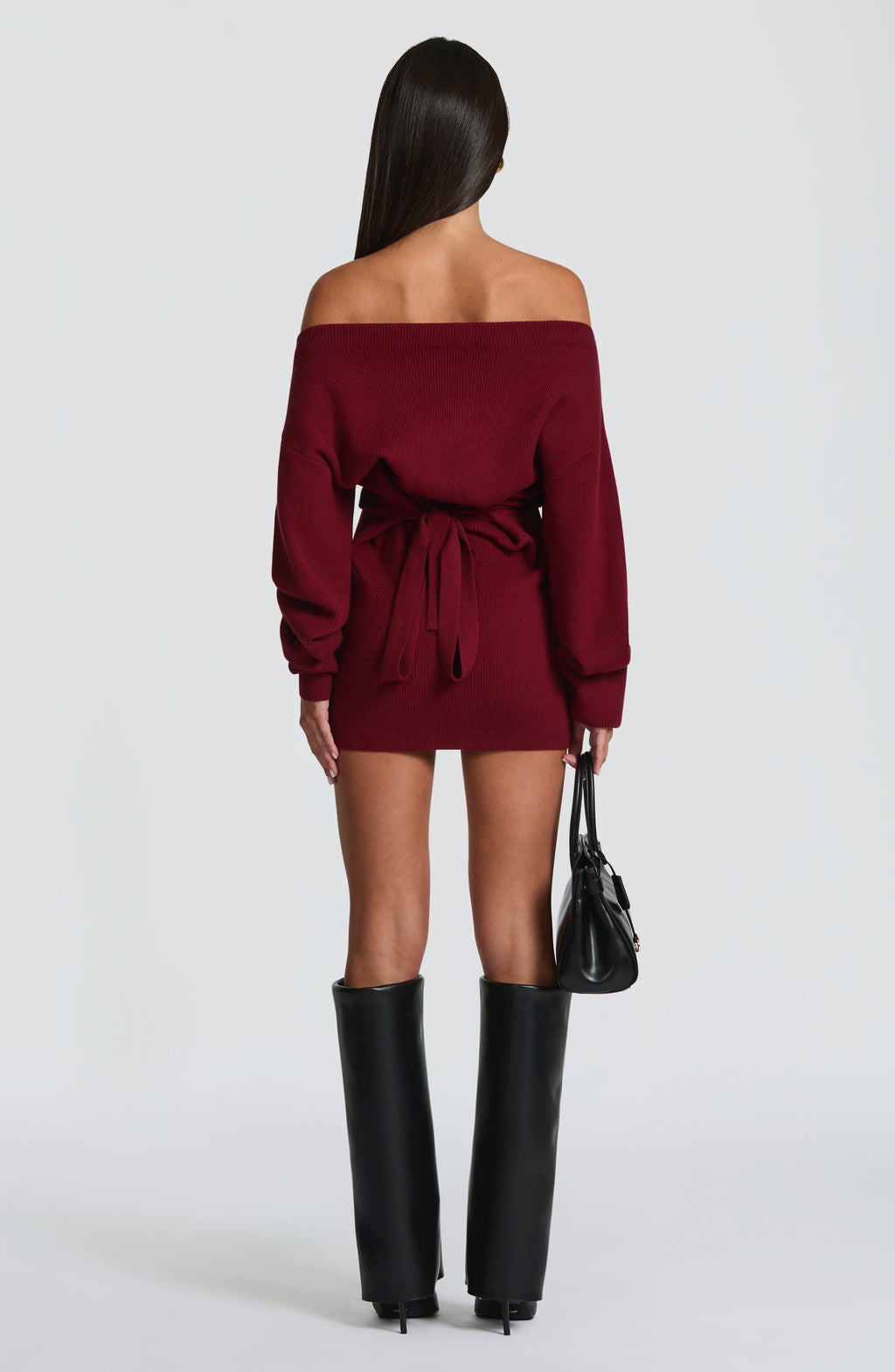 Burgundy ribbed knit off shoulder sweater mini dress with long dolman sleeves - view 4