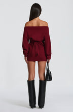 Burgundy ribbed knit off shoulder sweater mini dress with long dolman sleeves - view 4